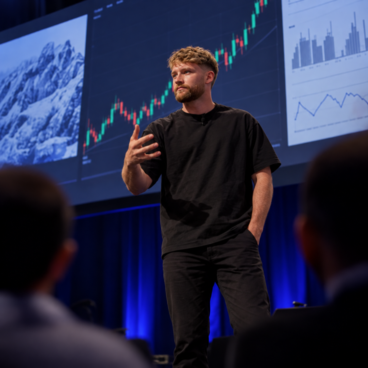 Sheldon presenting live trading charts on stage